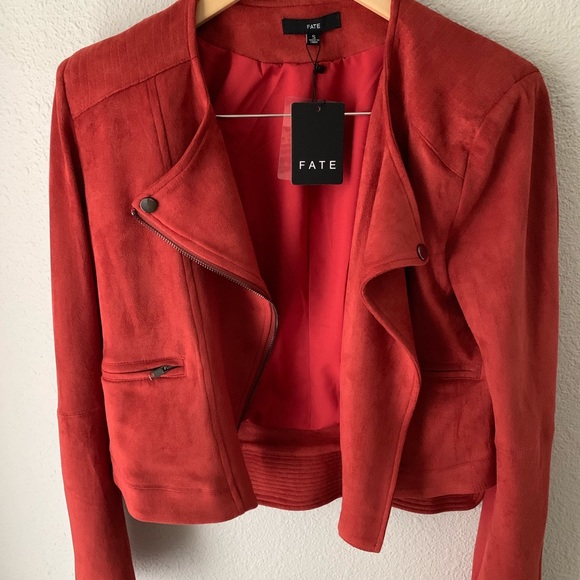 Vici Jackets & Blazers - Red Faux Suede Pocketed Moto Jacket